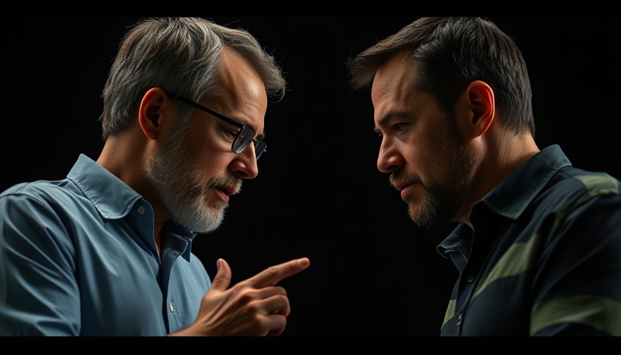 Two men discussing the roofing claims process with bold text.