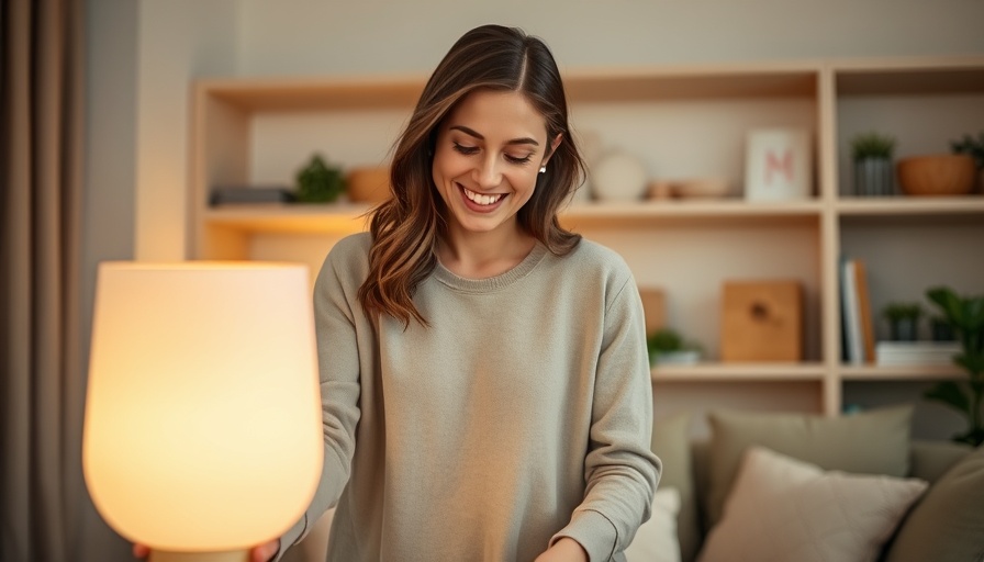 Young woman placing a cordless table lamp in a cozy living room.