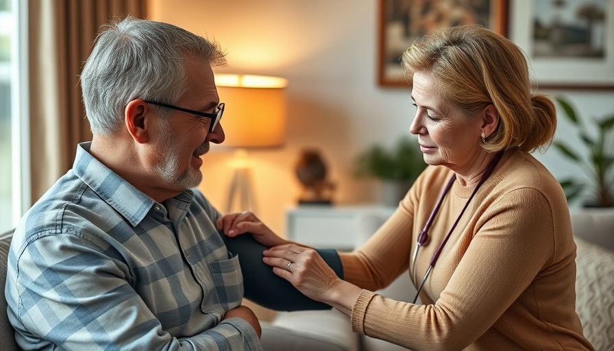 Nurse taking blood pressure of man for July health awareness events.
