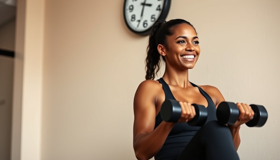 Fit woman lowering blood pressure with wall sits and dumbbells indoors.