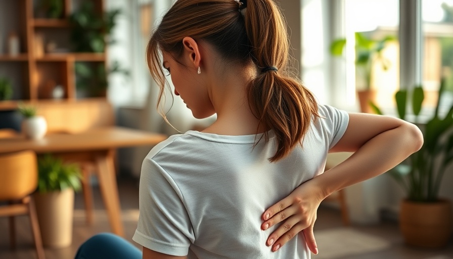 Woman with lower back pain in modern home setting.