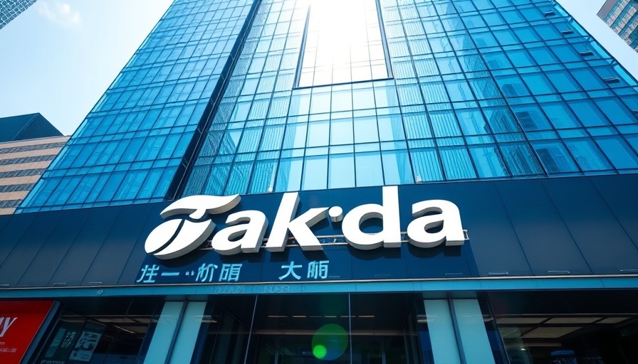 Takeda building with logo on glass facade in urban daylight.