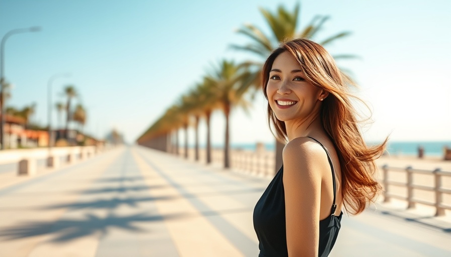 Elegant woman smiling on a sunny promenade, soft natural light