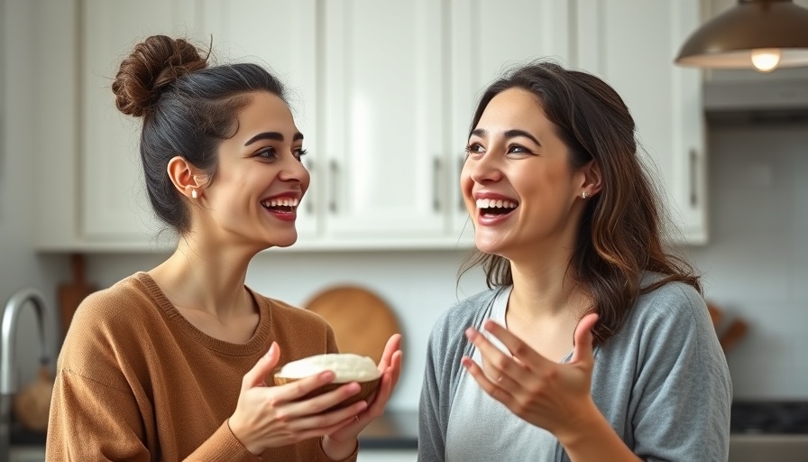 Young woman discussing oil pulling benefits, in a modern kitchen.