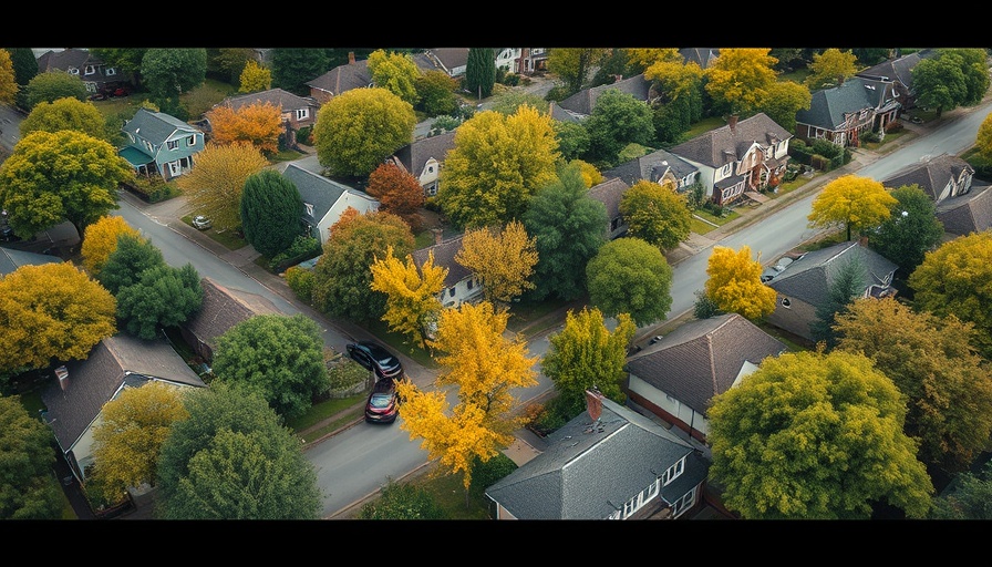 Suburban neighborhood aerial view with lush trees and seasonal colors.