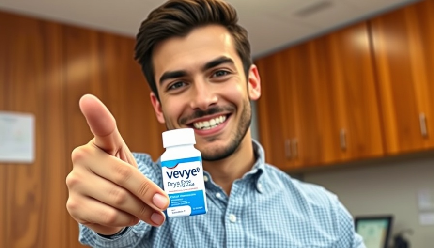 Man smiling and holding VEVYE Dry Eye Drops in office