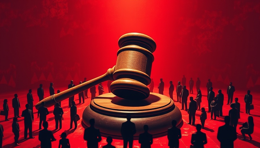 Surreal gavel with silhouettes symbolizing class-action settlement claims impact.