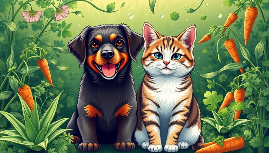 Healing plants for pet health illustration with dog and cat.