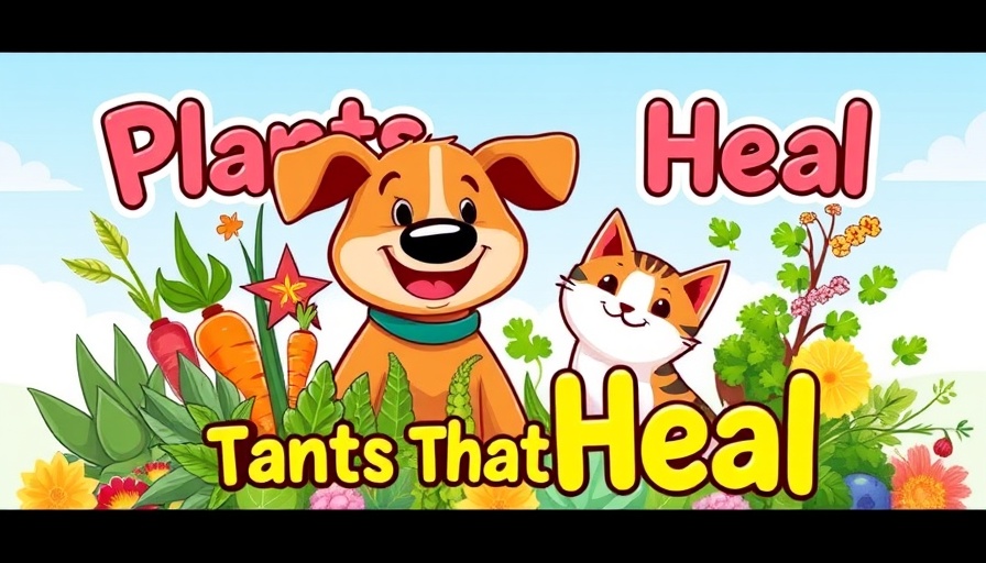 Healing plants for pets with happy dog and cat, vibrant design.