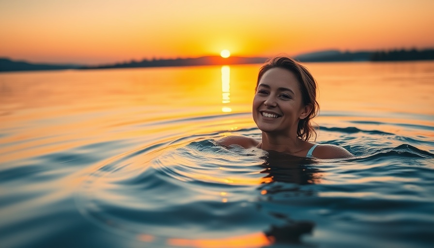 Smiling woman in lake at sunset, embracing nature, health tip nutrition.