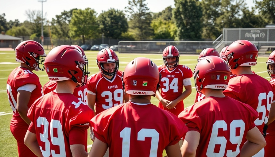 Football team practice session in sunny outdoor field.