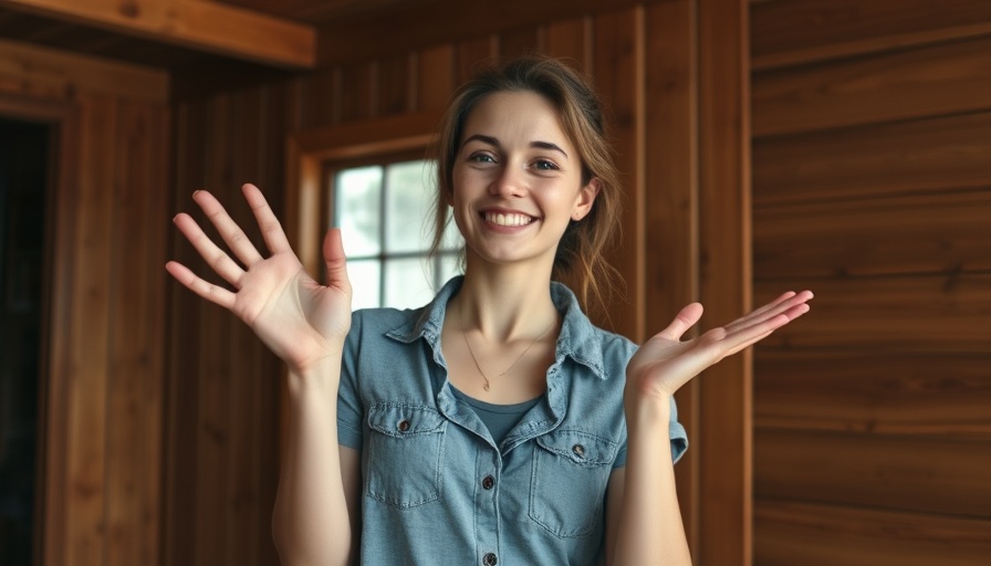 Young woman gesturing in a wooden room, house flip potential.
