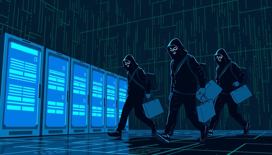 Illustration of masked figures near servers, symbolizing cyber fraud detection using machine learning.