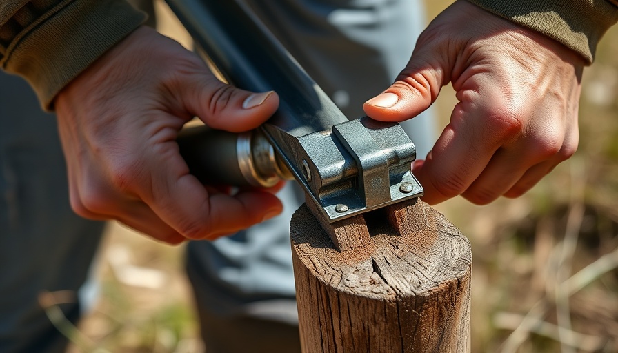 Hands securing water pipes with a metal brace and wooden wedge.