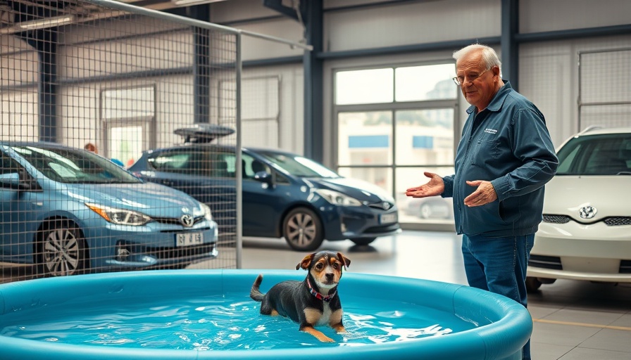 Prevent heat stroke in dogs with a man showing a blue dog pool indoors.