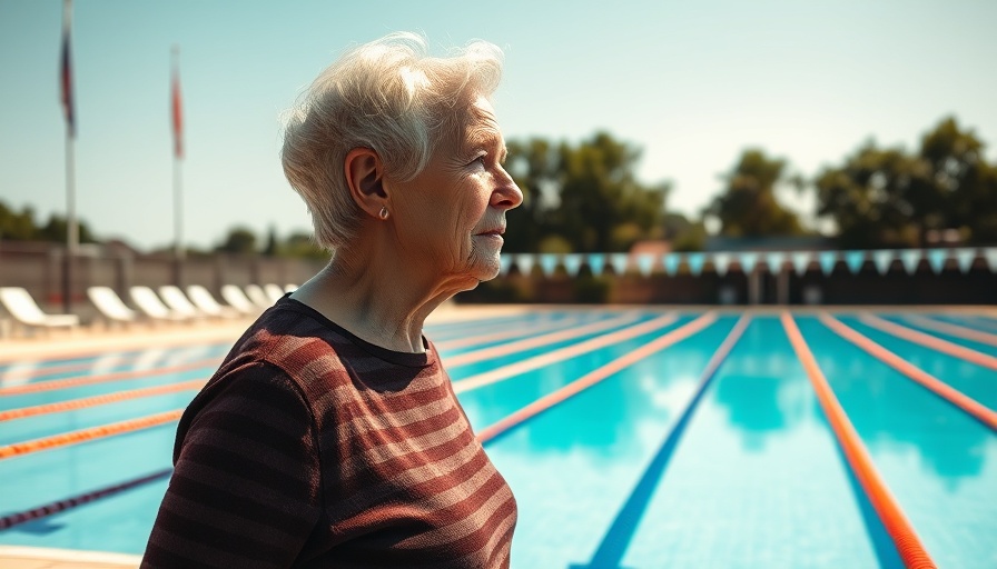 Elderly woman by an empty pool under clear sky, reflecting nonprofit struggles.