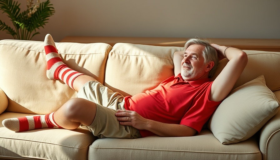 Middle-aged man on beige sofa, highlighting health risks of sofa sitting.