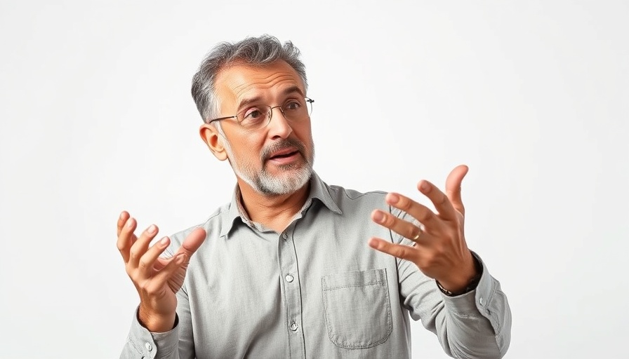 Confident middle-aged man giving home renovation tips, gesturing.