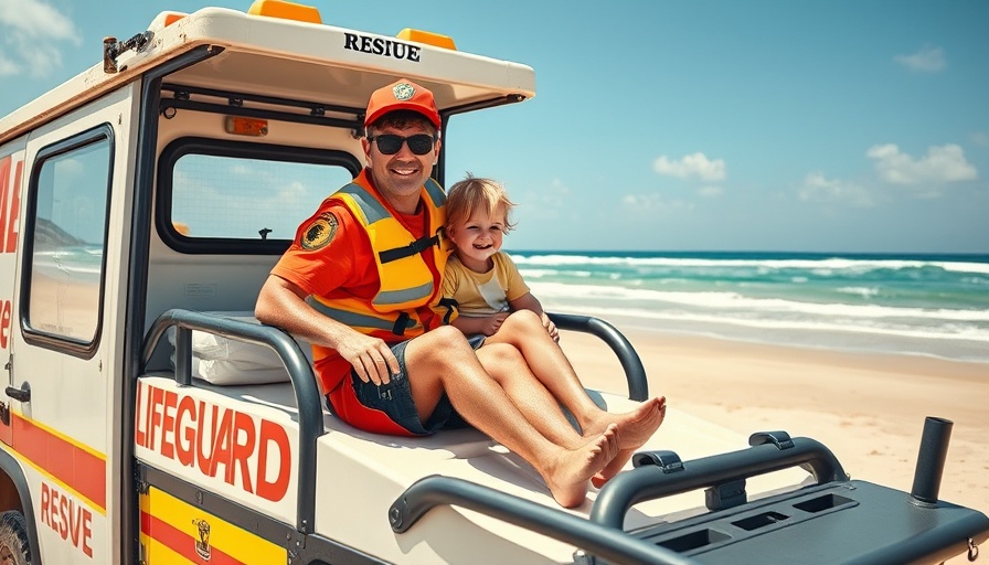 Lifeguard with child on beach rescue vehicle, UC-ii joint health supplement connection.