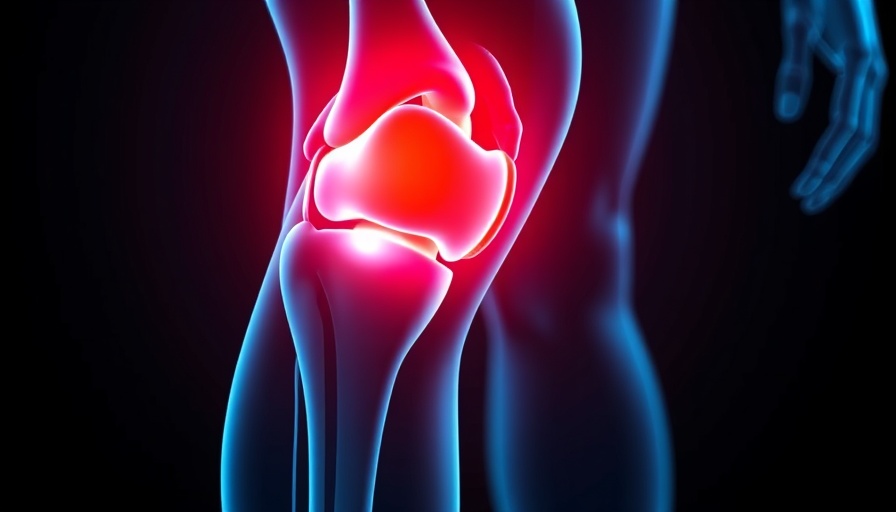 Anatomical illustration of knee joint with pain highlight, low-dose supplement context.