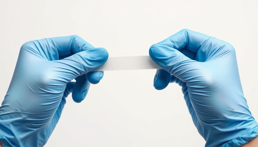 Silk Fibroin adhesive strip being handled with blue gloves.