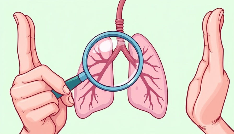Playful cartoon lungs examination with magnifying glass on mint background.