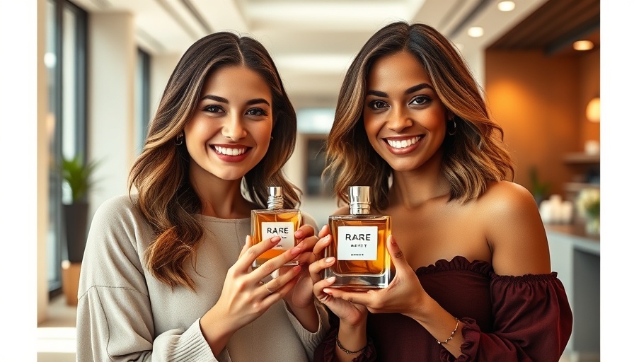 Two women reviewing Rare Beauty's new perfume indoors.