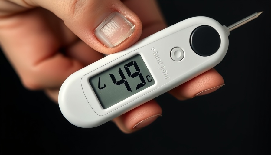 Digital thermometer showing 49°C, related to dog heat stroke prevention.