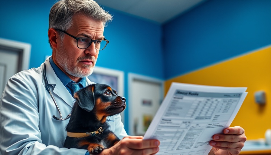 Veterinarian reviews pet health diagnosis report with dog.