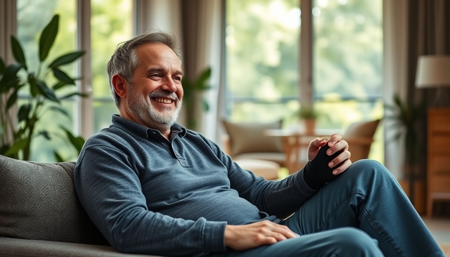 Relaxed man with knee brace on couch, addressing knee pain solutions.