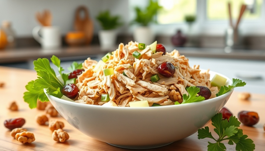 Summer Chicken Celery Salad ingredients in a bowl on a countertop.