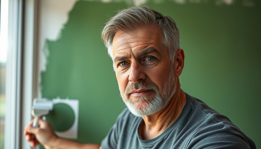 Middle-aged man demonstrates how to paint a straight line without tape.