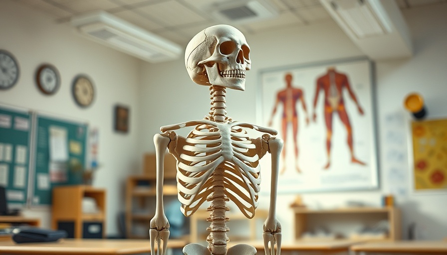 Detailed skeleton model in a classroom setting for anatomical study.
