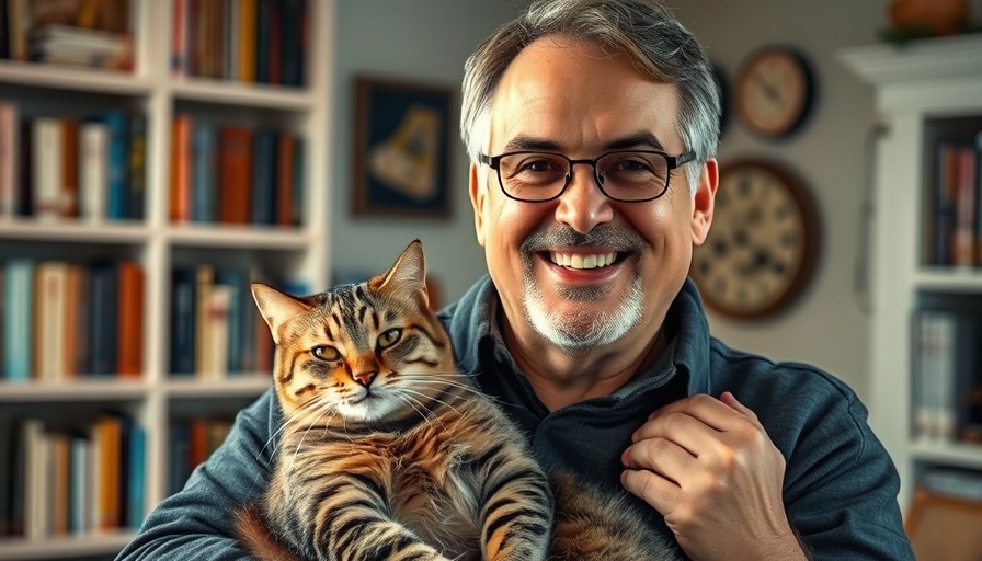 Middle-aged man smiling while holding a tabby cat, representing care for chronic kidney disease in cats.
