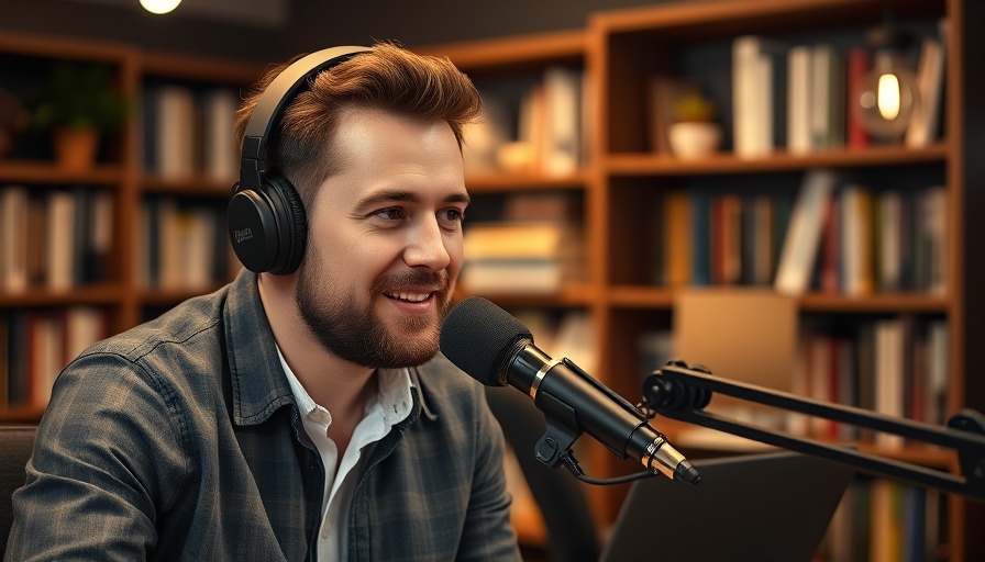 Podcast host in modern office discussing roofing tips.