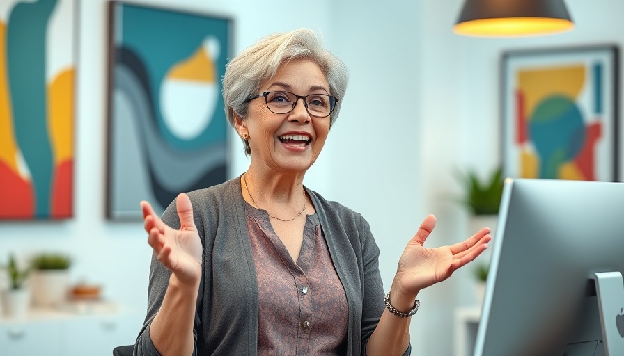 Woman engagingly discussing trends in an office setting.