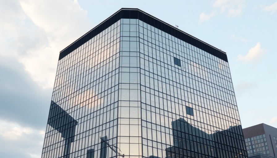 Jubilant office building reflecting serene sky, epitomizing corporate presence