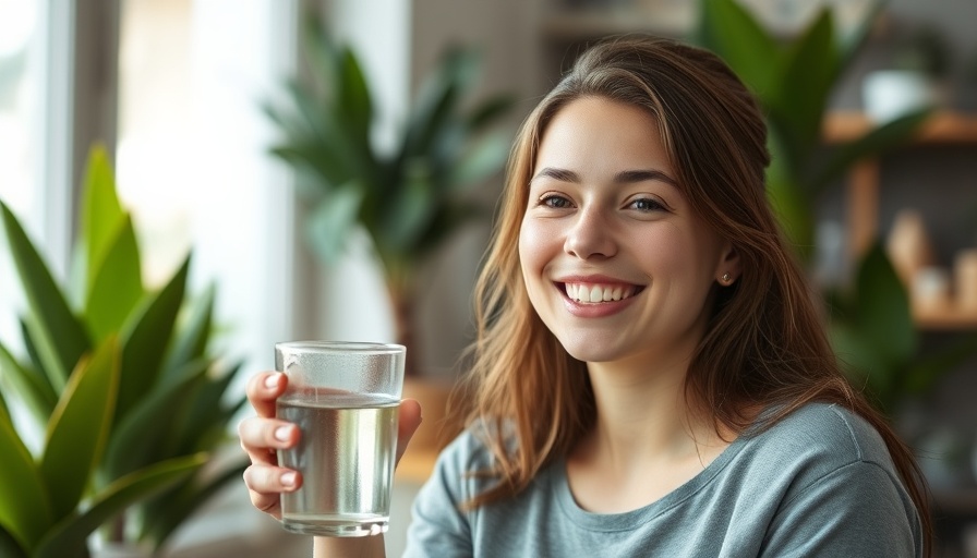 Smiling young woman with water glass in bright indoor setting, teamwork in technology innovation.