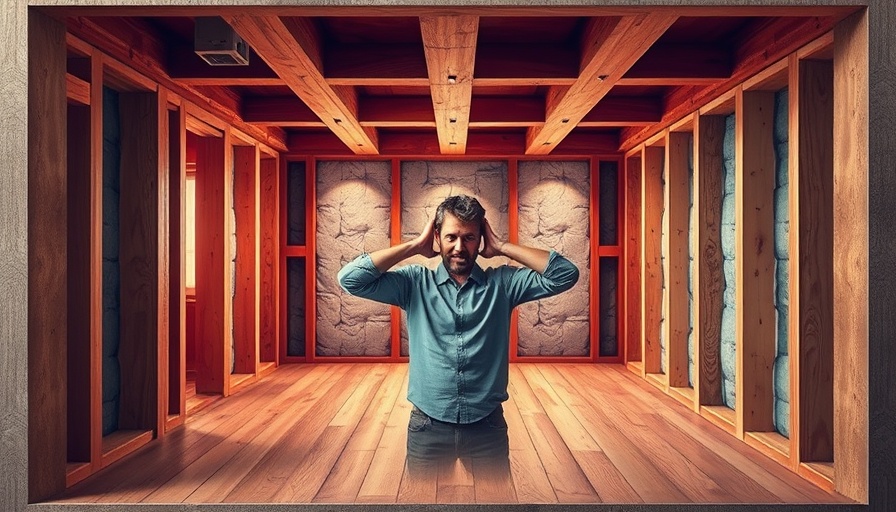 Illustration showing soundproofing techniques for floors with a man reacting to noise.