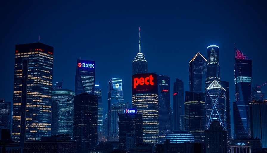 European bank skyscrapers lit at night featuring Barclays and HSBC logos.