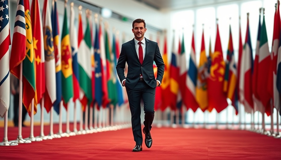 Political leader walking before international flags at conference.