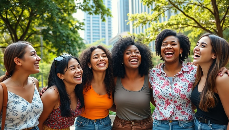 Diverse women laughing joyfully in park, bright urban setting.