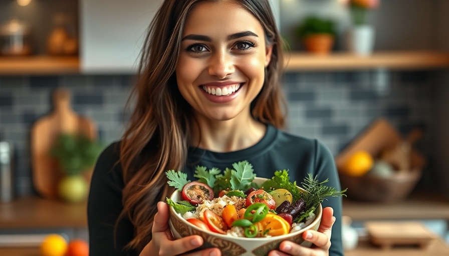 Smiling woman enjoying poke bowl for stabilizing blood sugar.