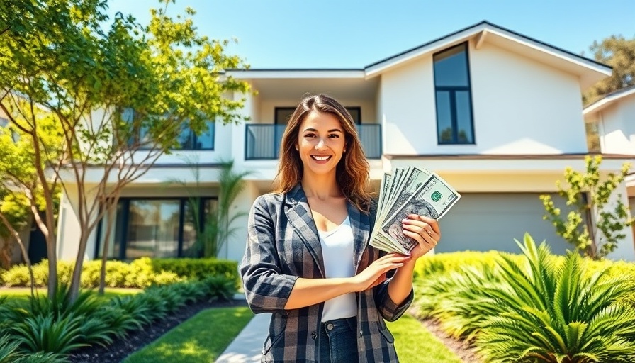 Renovated home for profit presentation with confident woman in front yard.