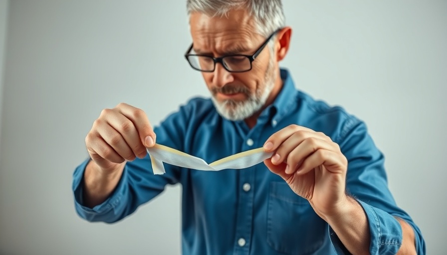 Man in blue shirt demonstrating how to fix masking tape.