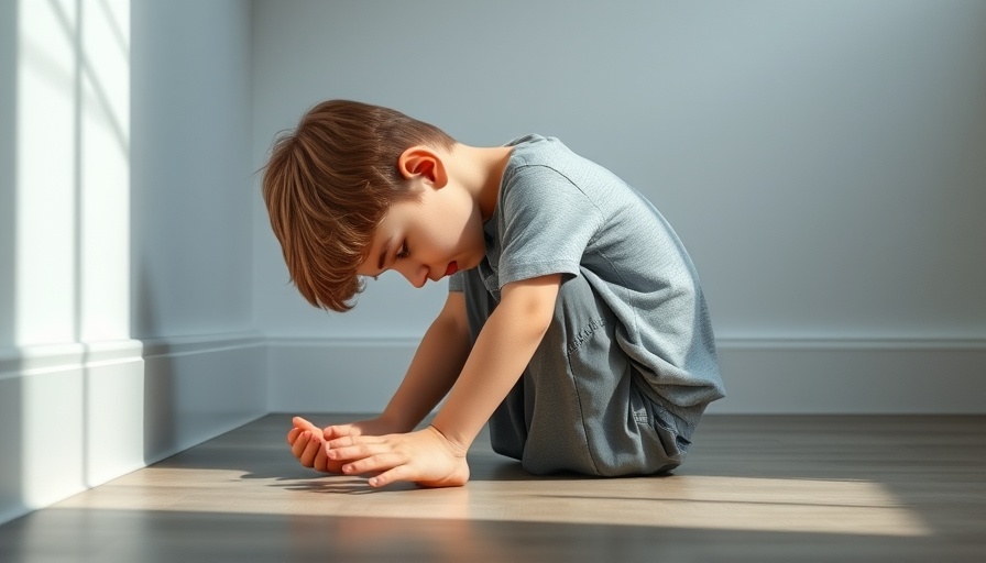 Anxious young boy sitting on floor, head down.