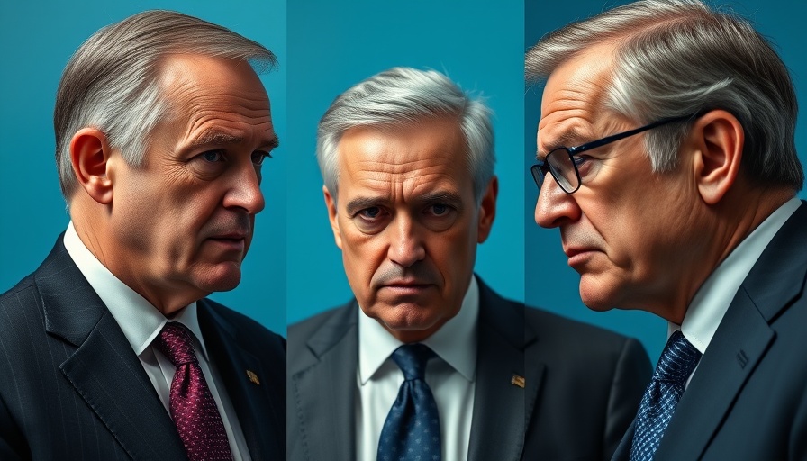 Three distinguished men, formal attire, tense expressions, photorealistic.