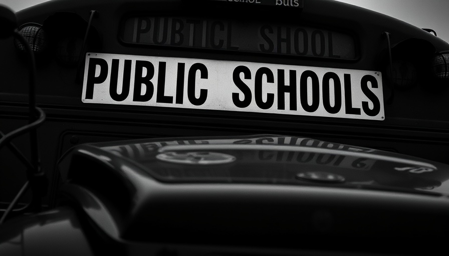 Close-up of public school bus sign in somber tone; antisemitism in schools.