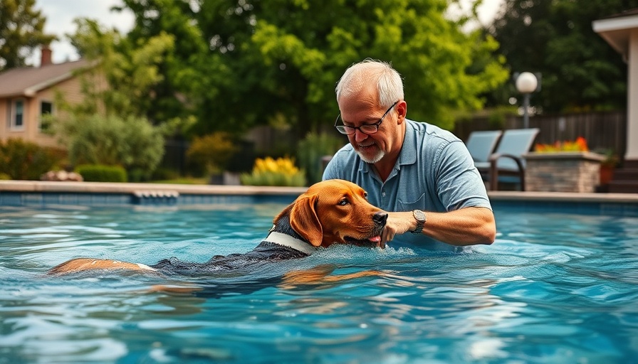 Man and dog performing pool test for dogs in a backyard pool.
