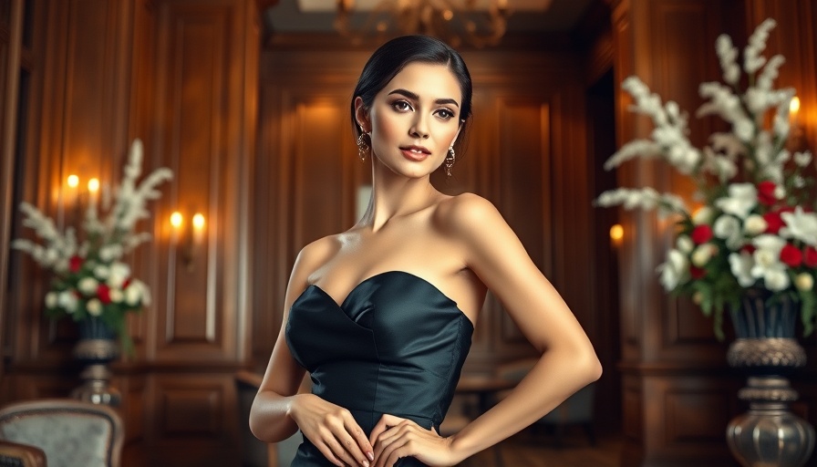 Elegant woman in black dress posing elegantly in luxurious room.